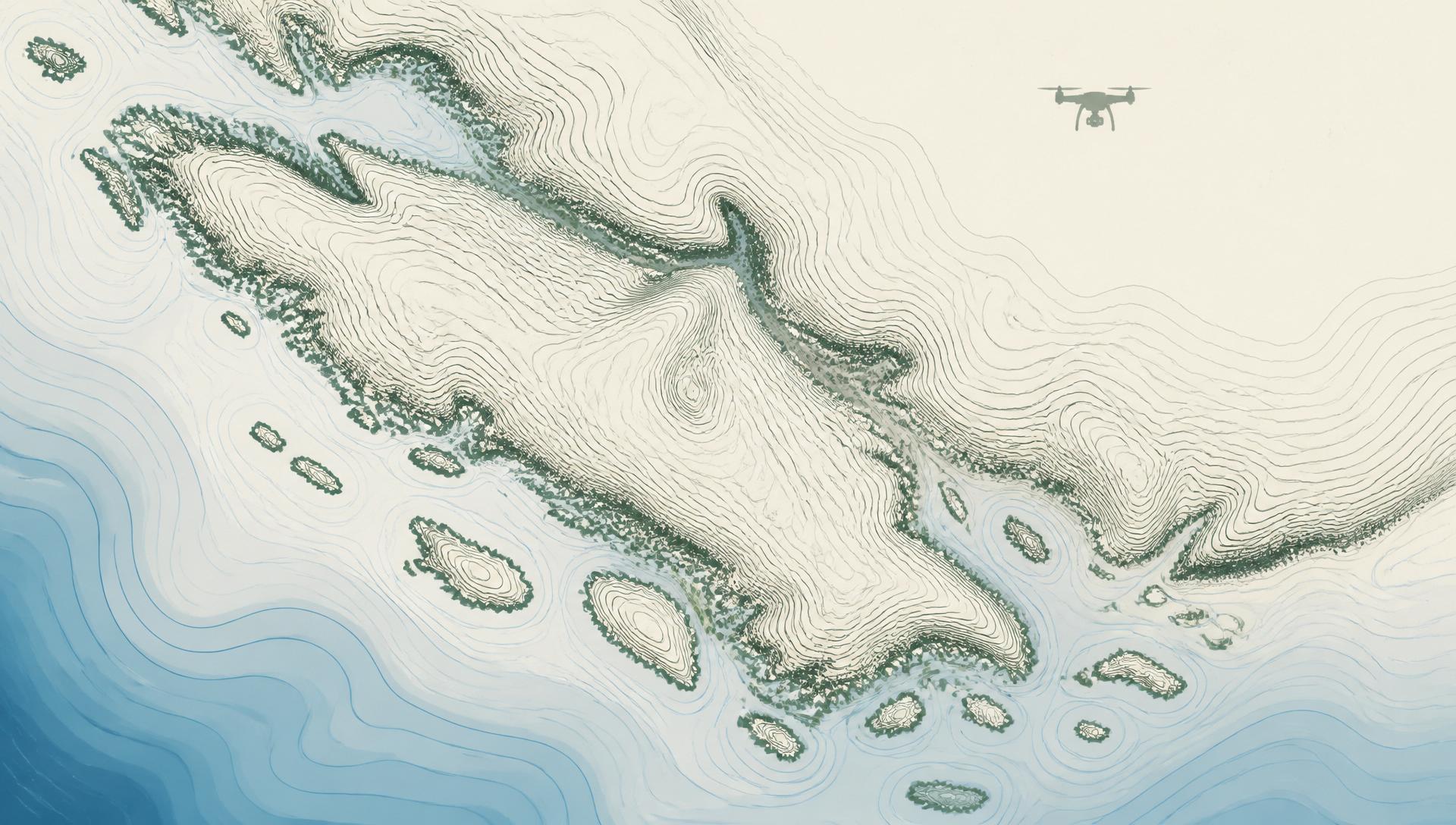 Topographic map of the Vancouver Island coastline used as a drone survey area for KartaTrace geospatial intelligence.